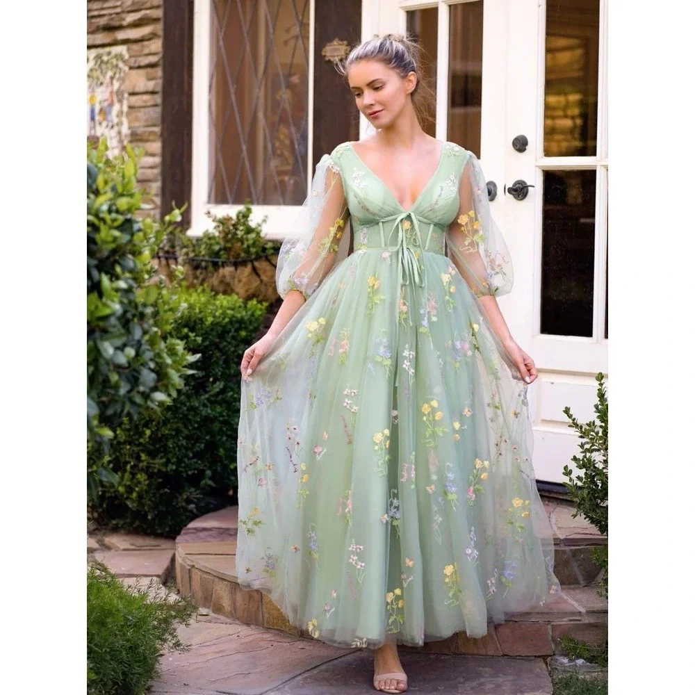Green Floral Midi Dress with Sheer Puff Sleeves - Picture 1 of 12